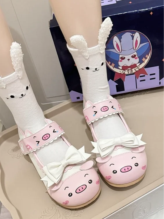 [$23.00]PU Pink Sweet Lolita Flats - Scalloped Edge with Detachable Bow & Piggy Print Velcro
