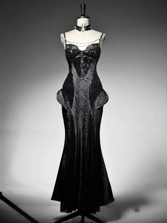 [$97.00]Black Victorian Bustier Bodice Spaghetti Straps Dress Evening Gown PU Leather Mermaid Dress