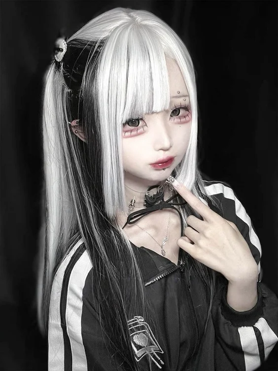 [$26.00]Black & White Highlight 80CM Hime Cut Straight Wig with Bangs
