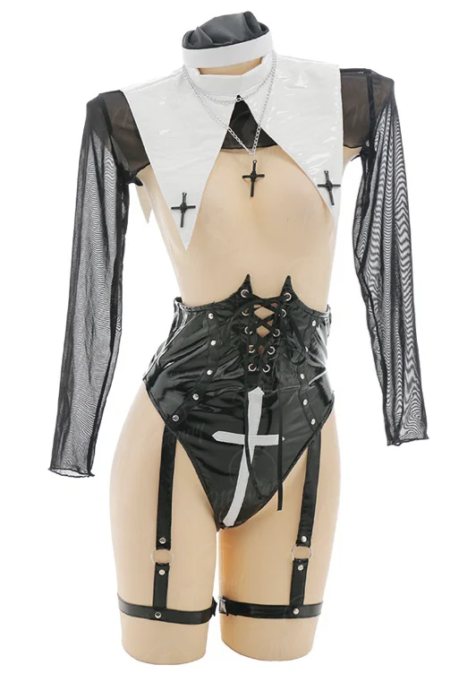 SACRAMENT SISTER Sexy Lingerie Set Halloween Nun Suit Open Chest Body Shaper Bodysuit with Mesh Top and Stockings