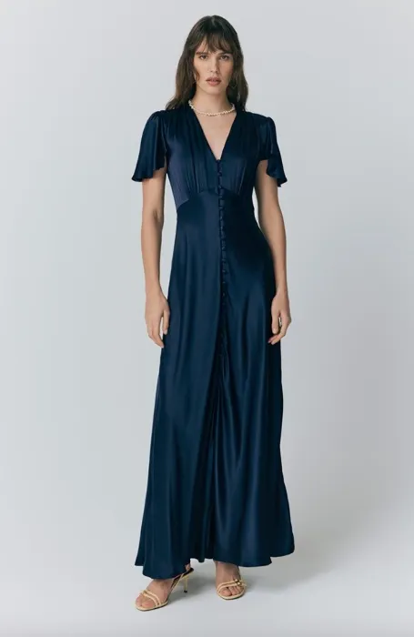 Delphine Button Satin Maxi Dress