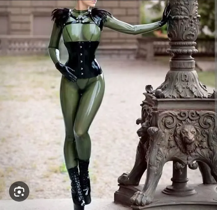 Translucent green latex catsuit