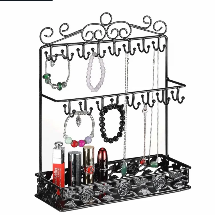 Black metal jewelry organizer stand with 32 hooks and tray for women