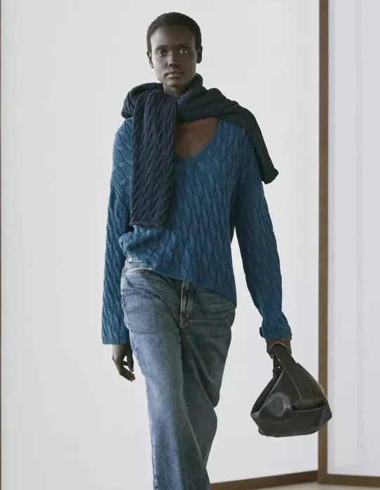 Cotton blend knit sweater with knot details - DARK BLUE