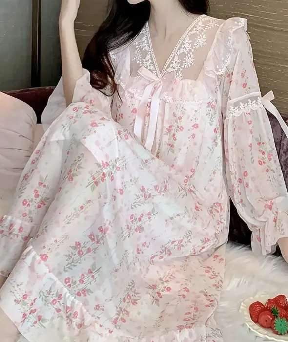floral lace long sleeve mesh nightgown loose fit womens