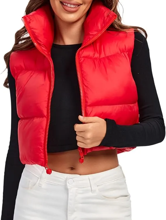 Fuinloth Women's Padded Vest, High Stand Collar Lightweight Zip Crop Puffer Gilet - Red X-Small