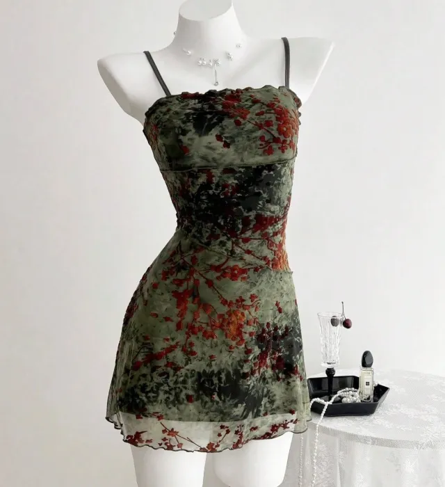 Elamini Flocked Retro Camisole Versatile Dress, Spring/Summer