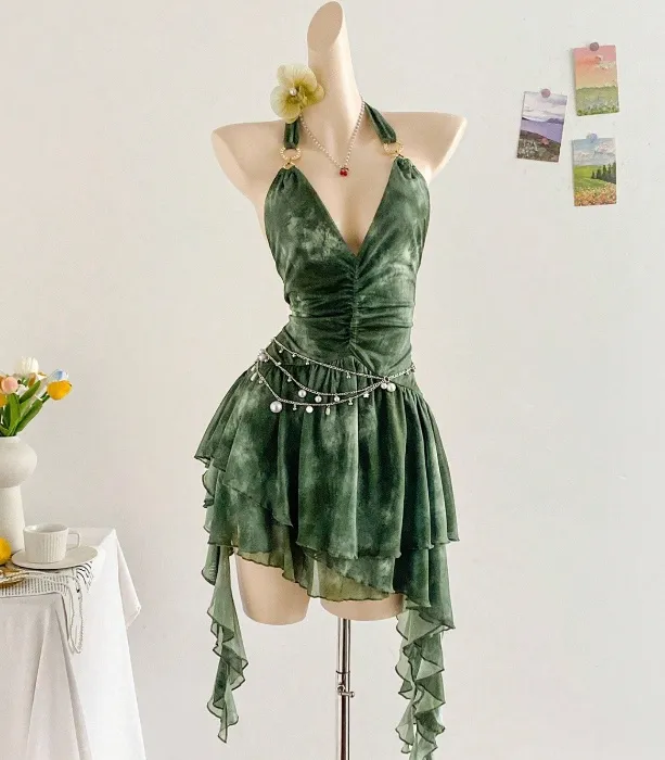 Soleia Romantic Vacation Halter Knit Mesh Blue Printed Dress For Women,Dresses For Women Party Short Green Dress Fairy Core Dress