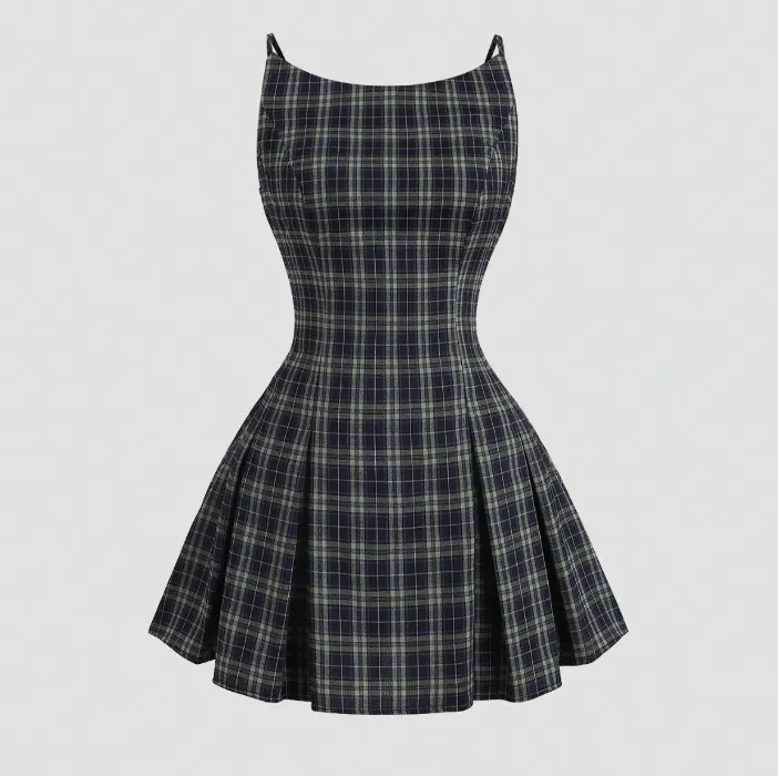 Sweetra Elegant Plaid Print Form-Fitting Sleeveless Mini Dress