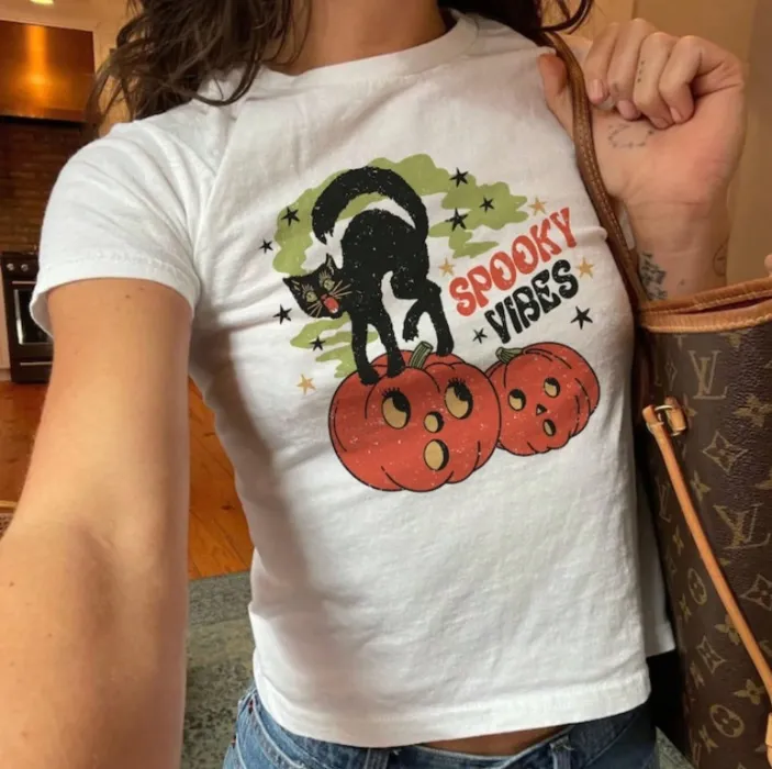 Spooky Vibes Halloween Black Cat Baby Tee, 80s Inspired Cat Mom Baby Tee, Retro Halloween Graphic Tee