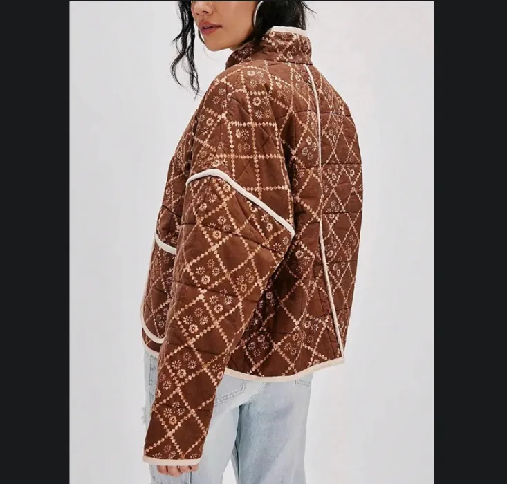 Women's Cropped Quilted Jacket Floral Printed LightWeight Padded Puffer Cardigan Coat Outwear