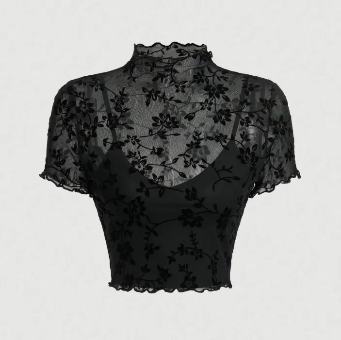 SHEIN MOD Black Summer Date Night Floral Print Lettuce Trim Mesh Overlay Top