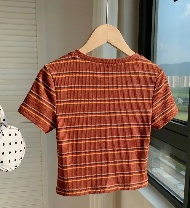 Comfortcana Colorful Striped Knit Fitted Women T-Shirt,Summer Top