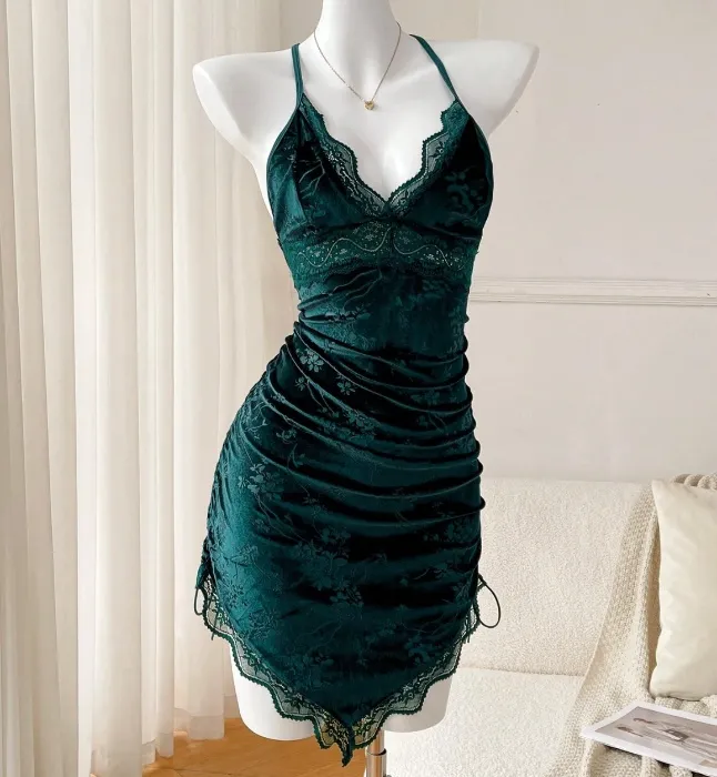 Moireta Women Velvet Jacquard Drawstring Sexy Lace Patchwork Nightgown