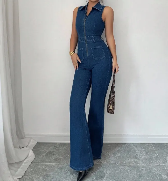 SHEIN MOD Women's Sexy Sleeveless Denim Jumpsuit With Elasticity And Pants, Blue