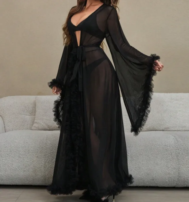 Women's Tie Front Mesh Robe Patchwork Sexy Sheer Long Sleeve Robe