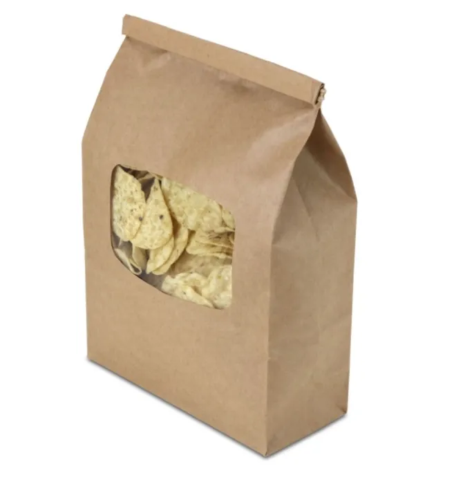 Recycled Natural Brown Kraft Cookie / Chips Tin Tie Bags w. Large Window and Polypropylene Liner