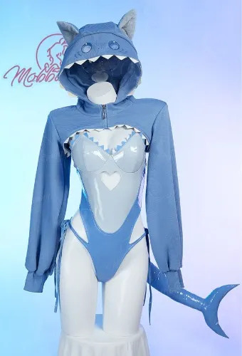 Set Kawaii Cat Shark Cutout Bodysuit with Crop Hoodie and Tail