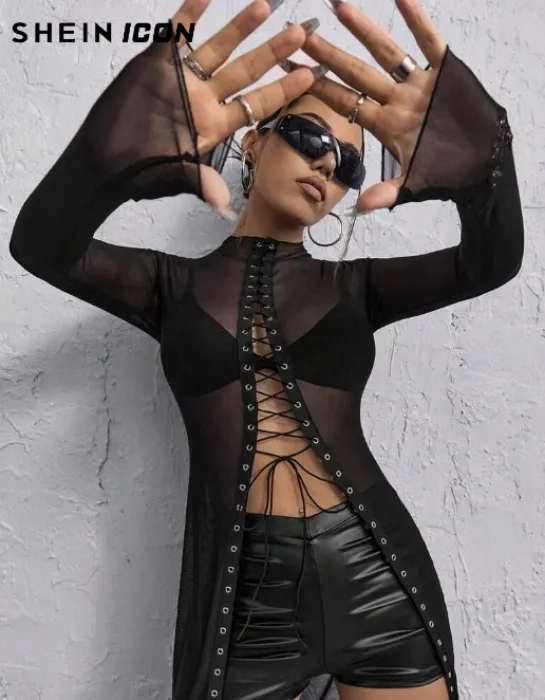 Black Lace Up Front Mesh Top