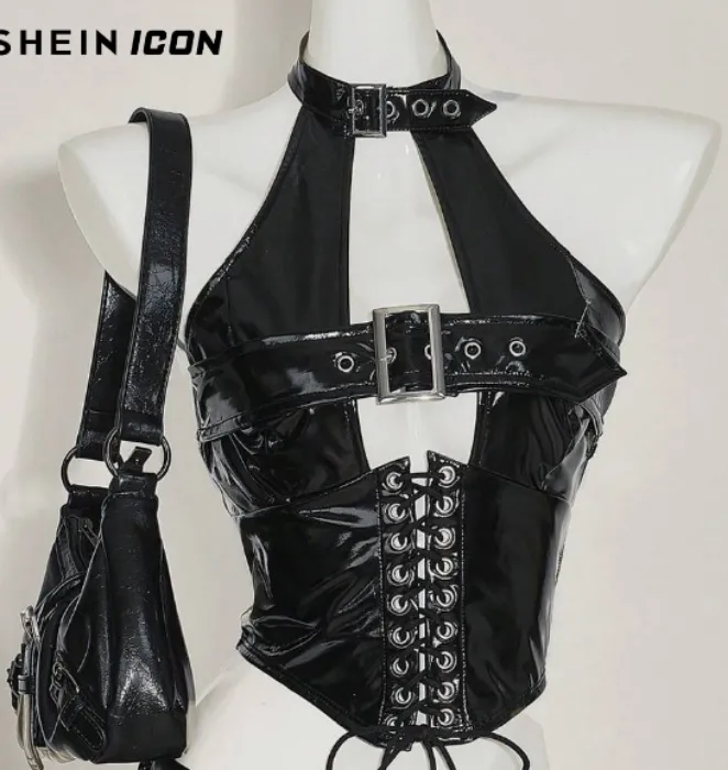  PU Leather Grommet Decor Lace-Up Back