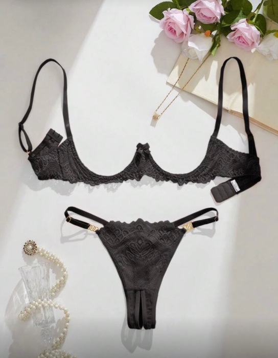 Black Crotchless & cupless lingerie set 