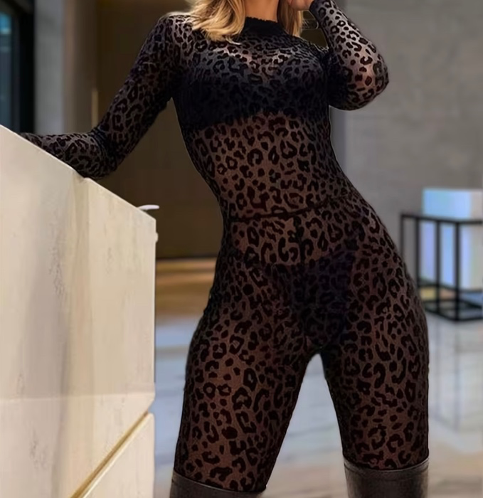 Leopard Print Mesh Bodysuit 
