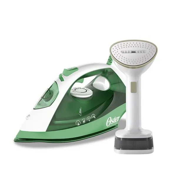 Combo Vaporizador Oster Plegable Color Blanco y Plancha de Vapor Oster Suela Serie 6000 Color Verde