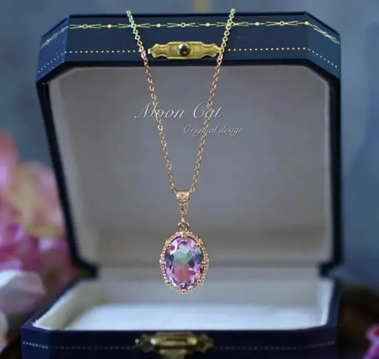 French Vintage Pink & Blue Tourmaline Crystal Necklace