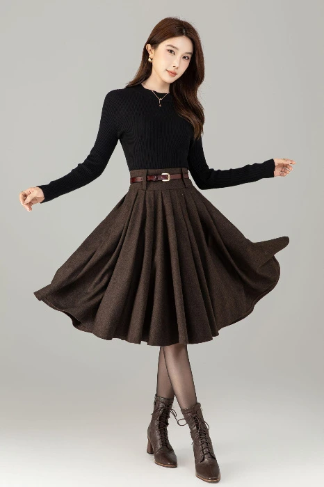 High Waisted Brown Wool Skirt: Pleated Midi Skater Skirt, Custom, Xiaolizi 6499 