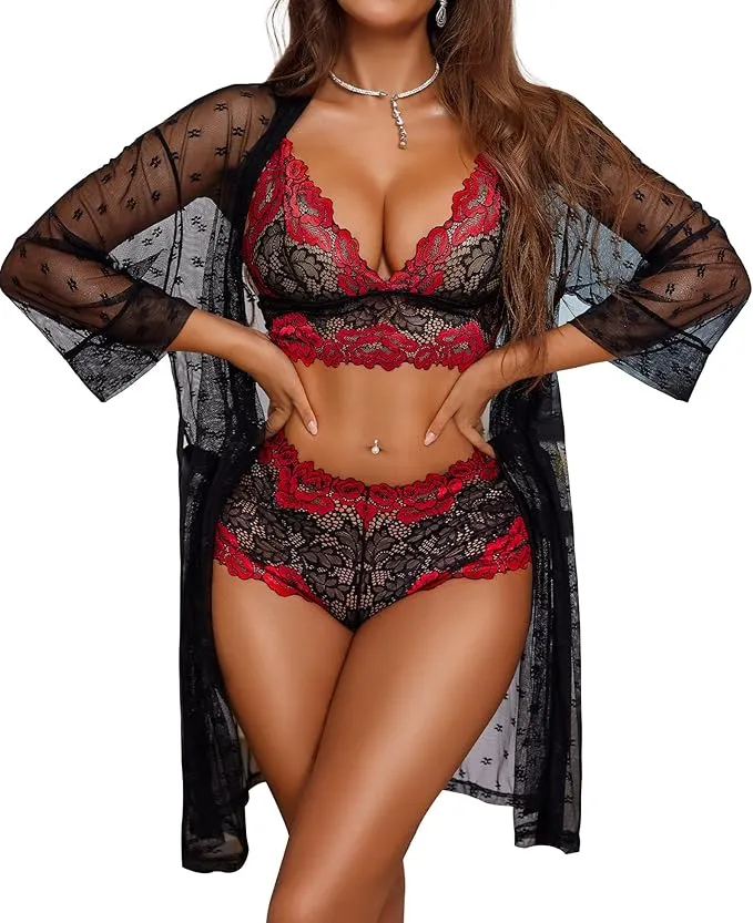 RSLOVE Sexy Lace Lingerie Set with Mesh Bathrobe 3 Piece Set, Red / Black, L : Amazon.com.be: Fashion