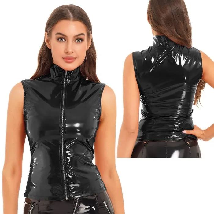 Womens Jacket Zipper Tops Wet Look Vest Festival Tank Sleeveless Shirt Music