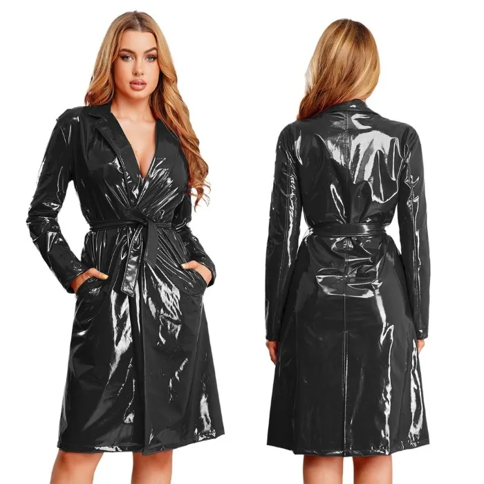 US Womens Long Leather Jacket Wet Look PU Leather Lapel Open Front Trench Coat