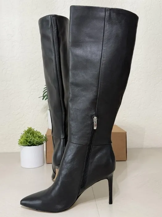 Nine West Boots Womens Size 10 41 Black Faux Leather Knee High Stiletto Zip Heel