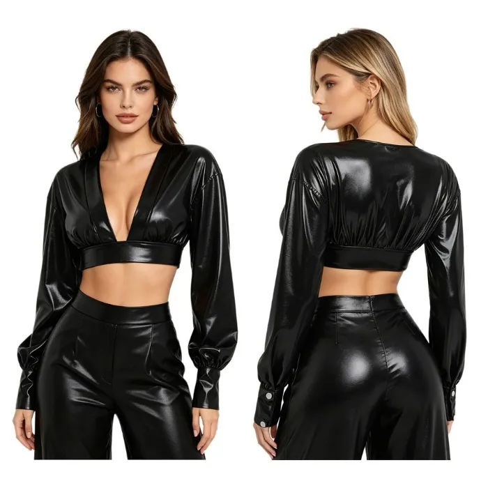 Women Jacket Adult Bustier Stage Top Long Sleeve Vest Wet Looking Clubwear For