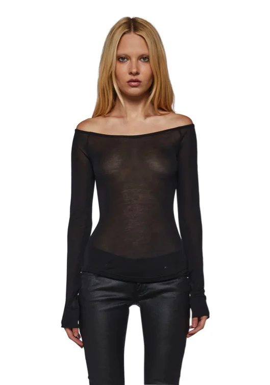 Off-the-shoulder long sleeve sheer top