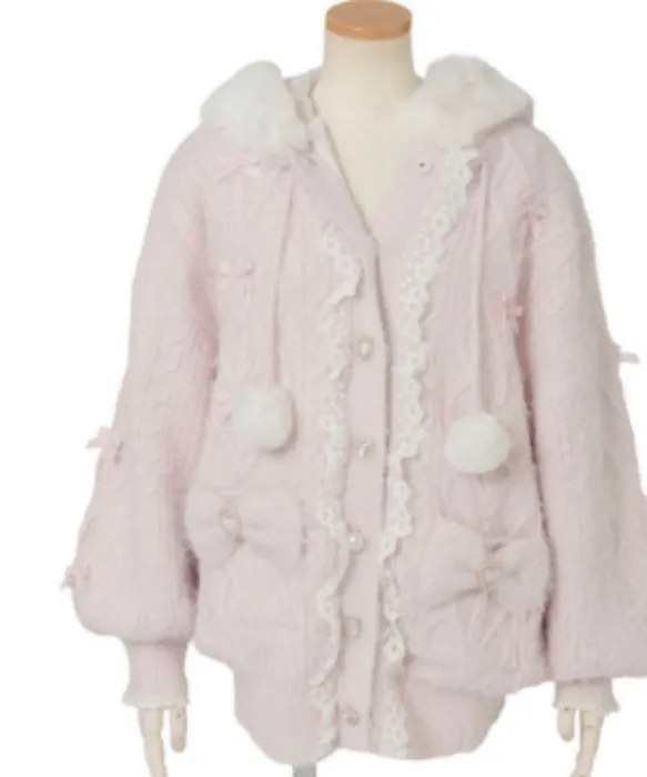 LIZLISA Bunny Ear Feather Knit Hoodie Pink