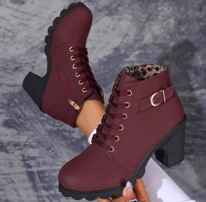 Women's Copper Button 6-Hole Short Boots,, High Heel Platform Lace-Up Ankle Boots,