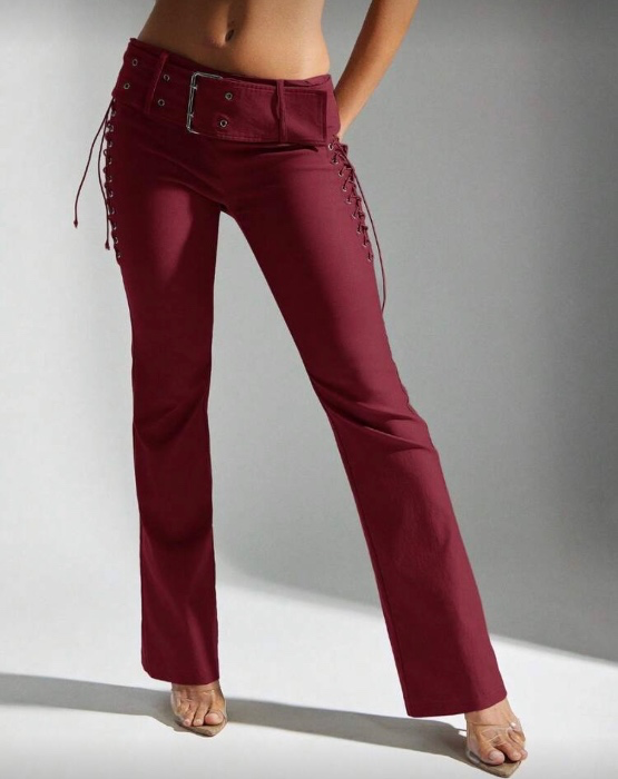Denimoi Belted Fit & Flare Lace Up Side Mid Rise Pant