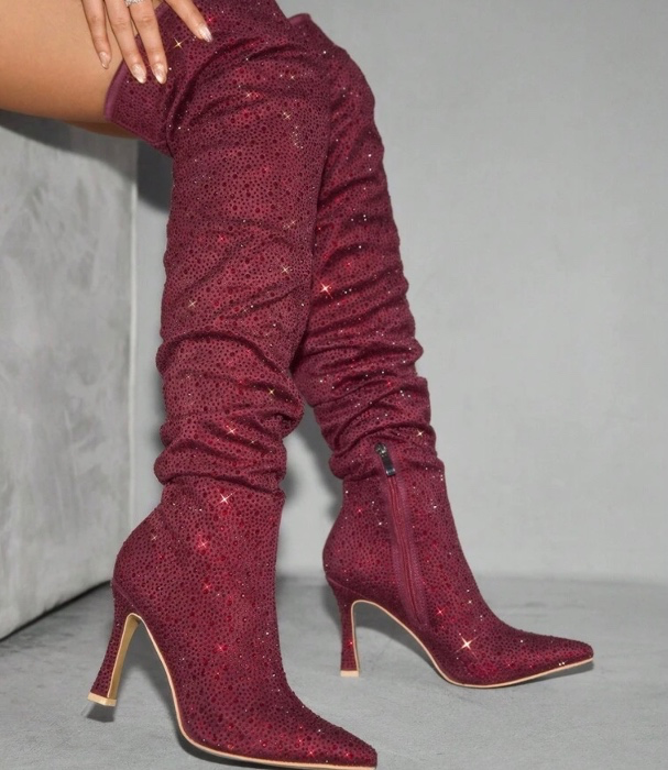 Pointed Toe Stiletto Burgundy Fully Rhinestoned Tall Shaft Boots  Over-The-Knee Super High Heel Boots
