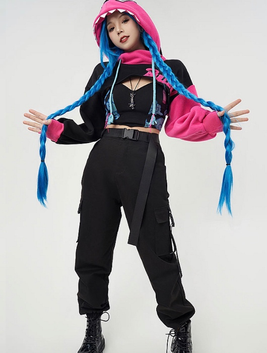 LOL Derivative Hoodie and Vest Set Shark Shape Hooded Loose Sleeve Crop Top and Clouds Pattern Vest and Necklace