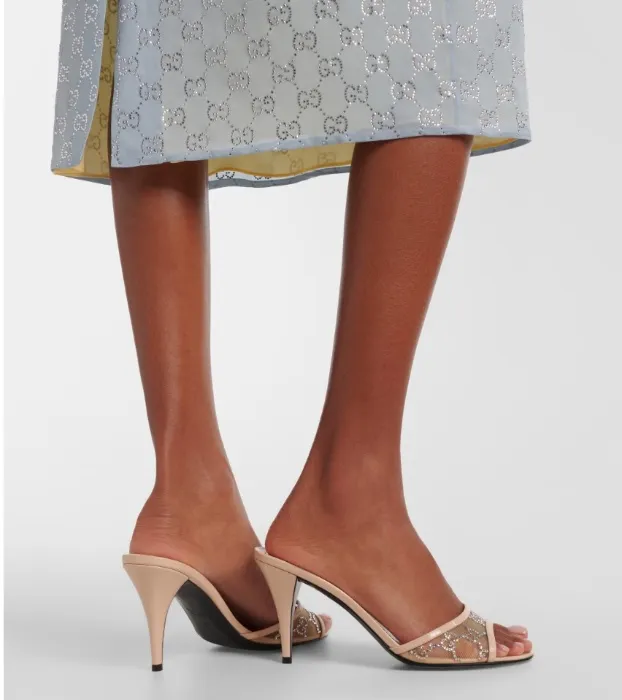  Gucci Erin GG embellished leather-trimmed mules | Mytheresa