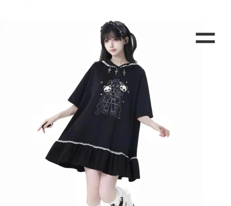 Black Cotton Sport-styled Jirai Kei Hoodie Dress & Shorts Set 