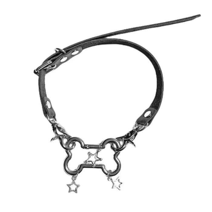 Jirai Kei Necklace Metallic Bone Star Pendant PU Punk Choker 
