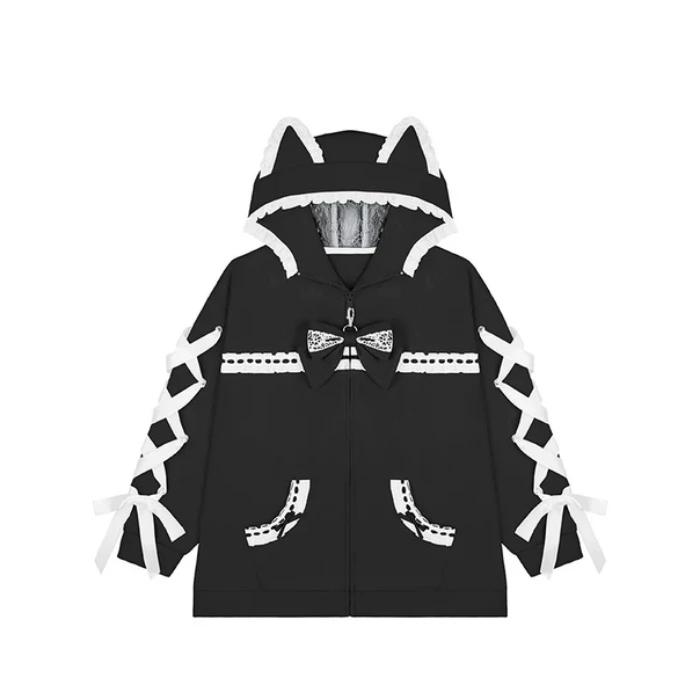 Tenshi Kaiwai Cat Ear Zip-Up Hoodie, Side Lace Pants 