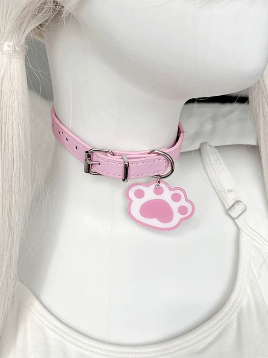 Kawaii Leather Choker, Otaku Tag or Cat Paw Charm | PINK