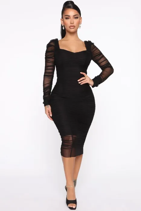 Black Ruche Midi Dress