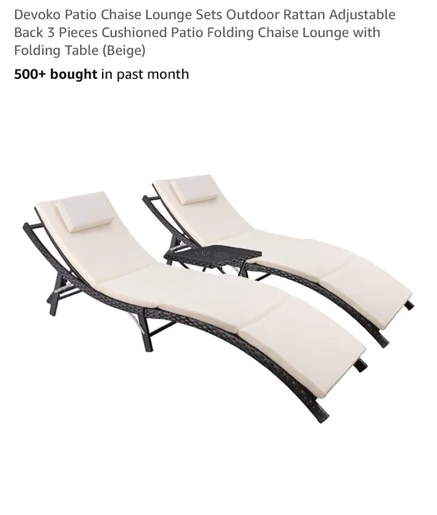 Devoko Patio Chaise Lounge Sets Outdoor Rattan Adjustable Back 3 Pieces Cushioned Patio Folding Chaise Lounge with Folding Table (Blue) - Beige