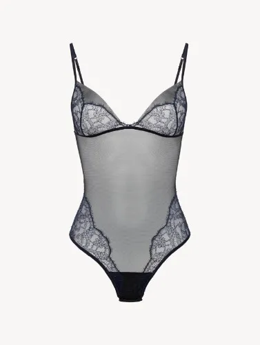 LA PERLA POESIA Bodysuit in Steel Blue and Black with Leavers lace