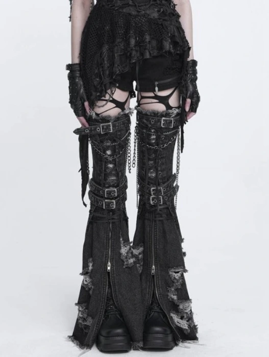 Devil Fashion Black Gothic Punk Zip Ripped Flared Leg Warmers - DarkinCloset.com