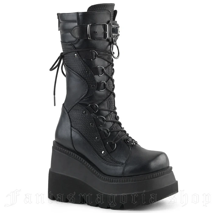 SHAKER-70 Women's Faux Leather Lace-up Buckled Wedge Platform Mid-calf Boots - Demonia Cult